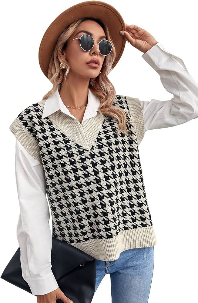 OYOANGLE Women's V Neck Sleeveless Houndstooth Colorblock Loose Regular Fit Pullover Sweater Vest... | Amazon (US)
