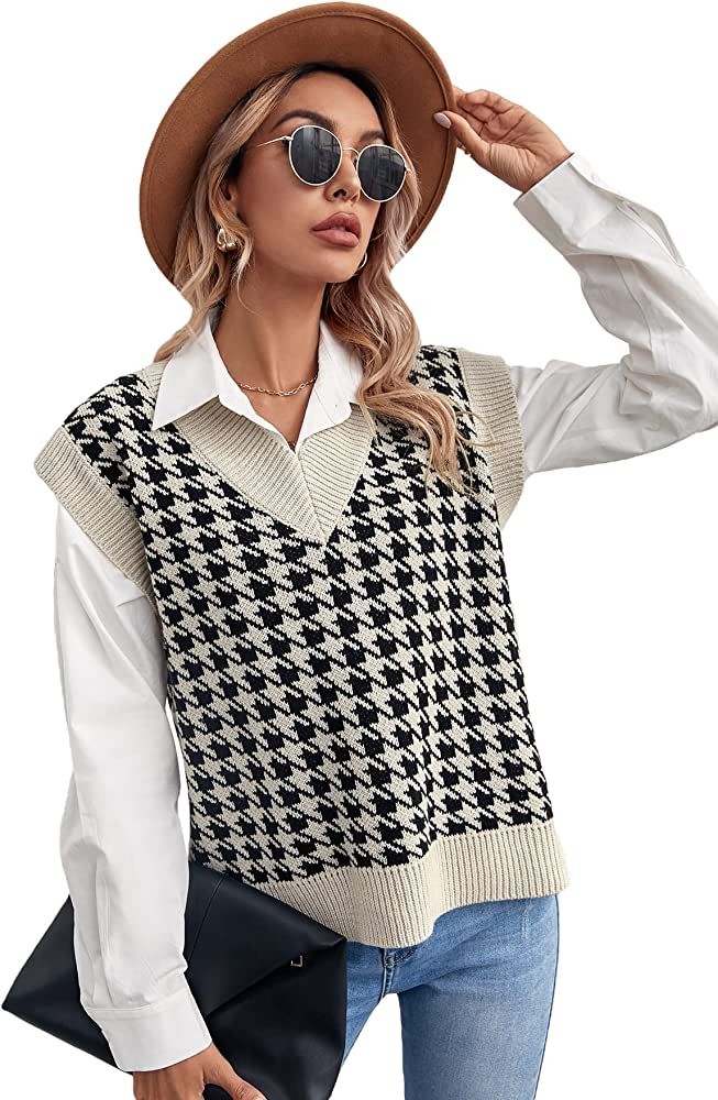 OYOANGLE Women's V Neck Sleeveless Houndstooth Colorblock Loose Regular Fit Pullover Sweater Vest... | Amazon (US)
