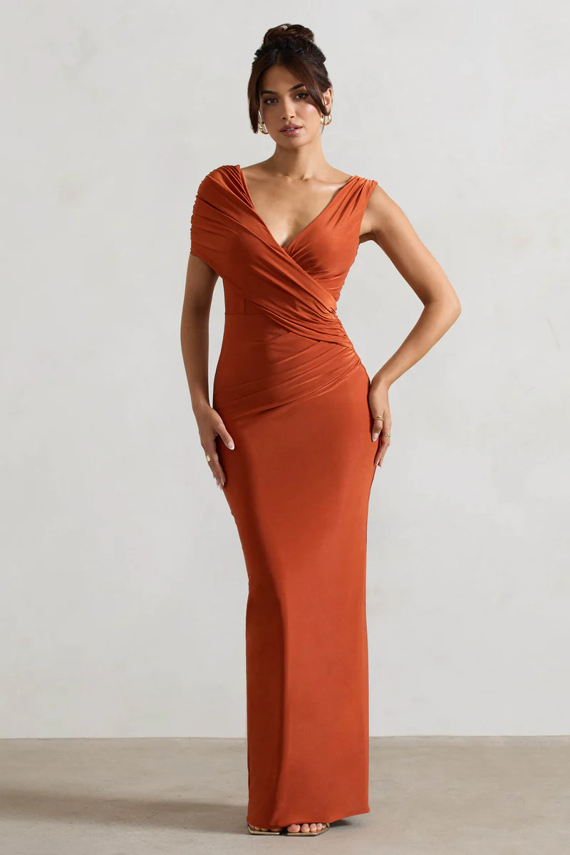 Capella | Rust Asymmetric Wrap Maxi Dress | Club L London