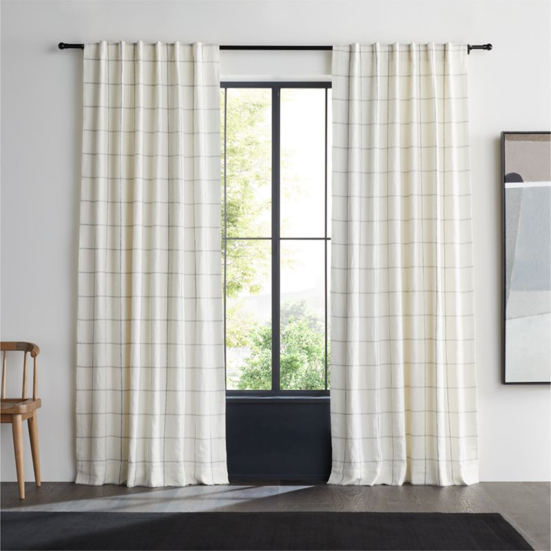 Pampas Ivory & Storm Grey Linen Double Pinstripe Grid Blackout Window Curtain Panel 52"x108" + Re... | Crate & Barrel