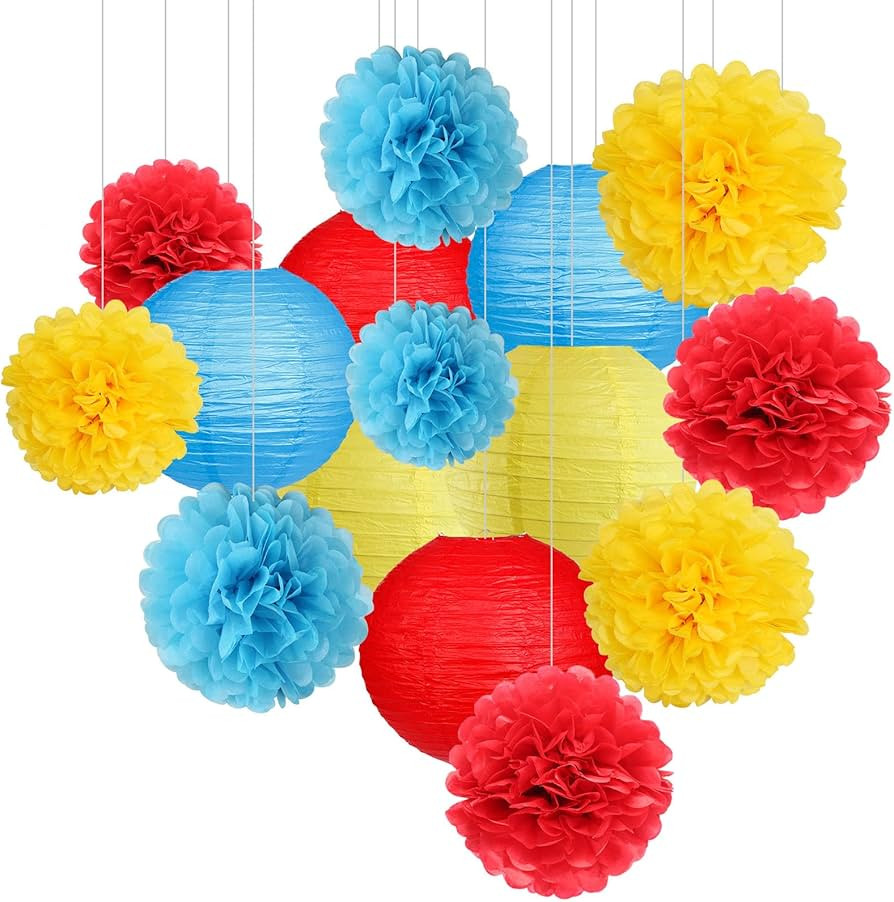 Carnival Circus Party Decorations, Red Yellow Blue Paper Lanterns and Pom Poms Flowers for Birthd... | Amazon (US)