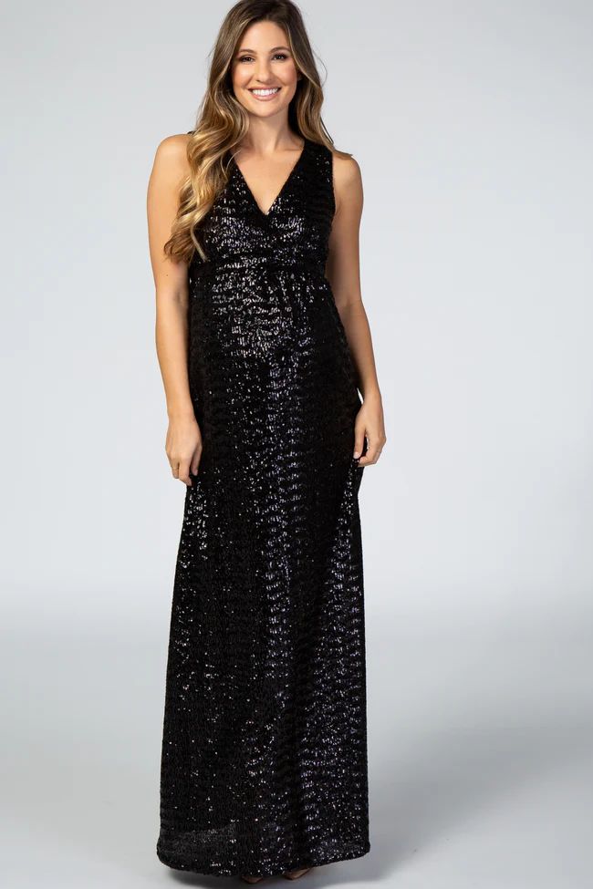 Black Sequin V Neck Sleeveless Maternity Evening Gown | PinkBlush Maternity