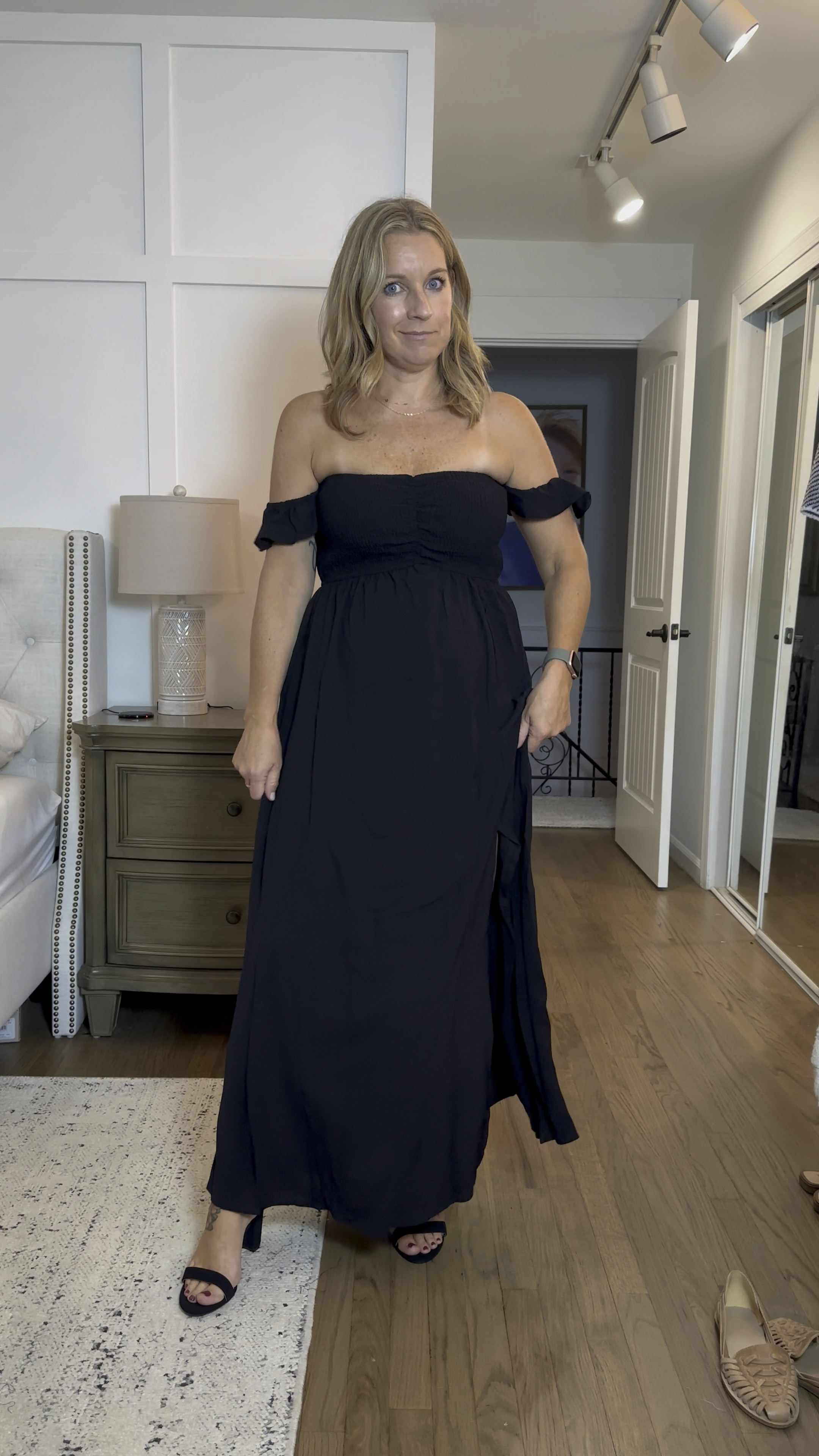 Ok ladies. Here’s the 411. 
All dresses are mediums except for the off the shoulder black ruffle sleeve. That’s a small. A medium wouldn’t been perfect in that. I’m bummed. I also think I could’ve done a small in the red dress but it’s ok. There’s no pinching which is nice. Love the black shoes for $28 too! 

#LTKWedding #LTKVideo #LTKOver40