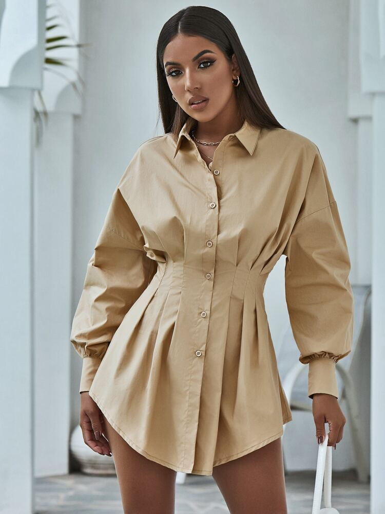 SHEIN Unity Gathered Waist Curved Hem Longline Shirt | SHEIN