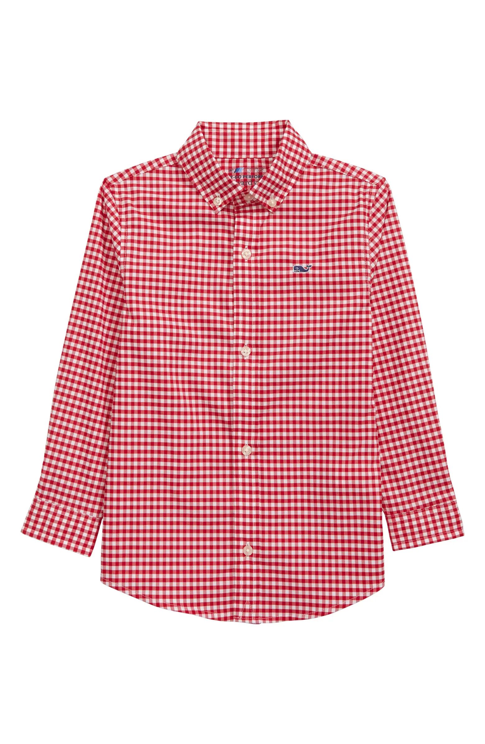 Kids' Gingham Performance Whale Button-Down Shirt | Nordstrom
