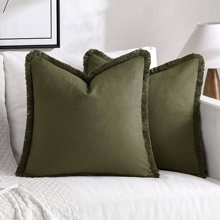 MIULEE Throw Pillow Covers 20x20 Set of 2 Olive Green Pillow Covers Christmas with Fringe Chic Co... | Amazon (US)