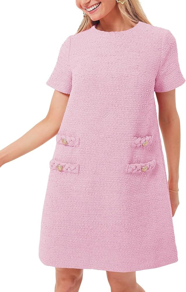 Wenrine Womens Tweed Mini Dress Short Sleeve Crew Neck Work Office Elagant Formal Summer A Line S... | Amazon (US)