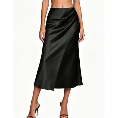 Women Satin High Waist Midi Skirt, Ruched Wrap Flowy Silk Slip Mermaid Long Skirt, Black, S | Target