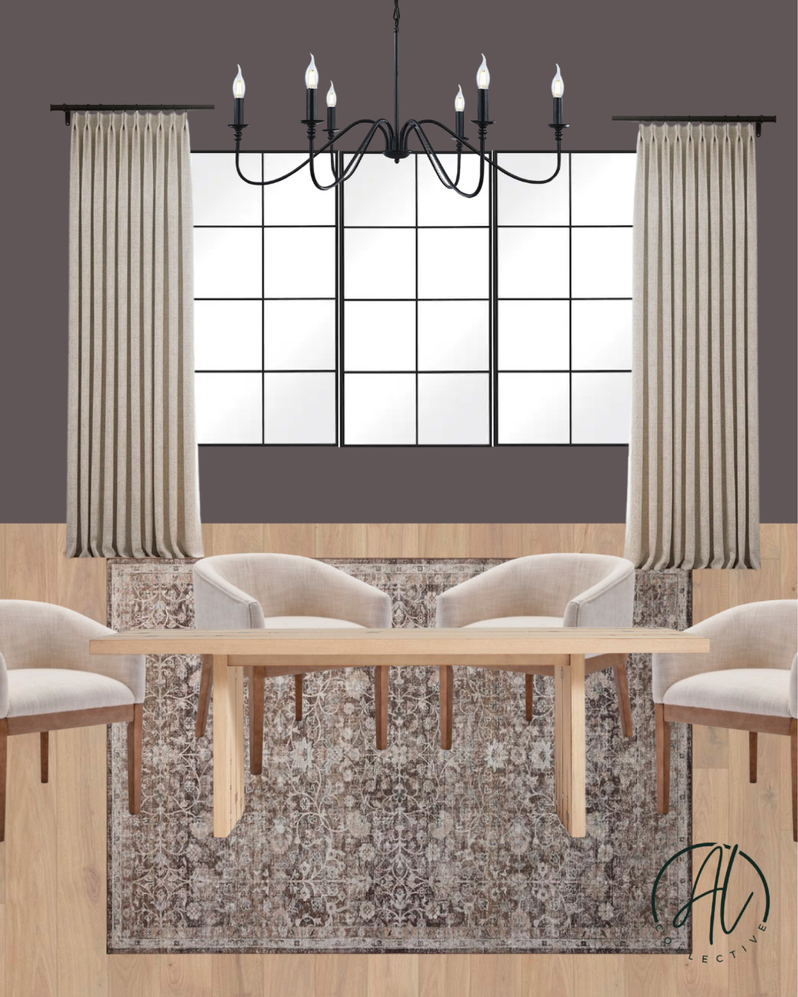 Dining room design. Home decor. Chandelier. Curtains. Drapes. Dining room table. Dining chairs. Upholstered chairs. Area rug. Loloi  

#LTKHome #LTKFamily