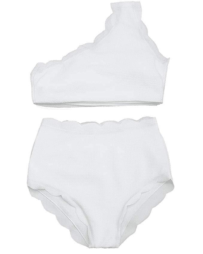 High Waisted Swimsuit Two Piece Bikini Set Scalloped Vintage Women Off Shoulder Elastic Swimwear | Amazon (US)