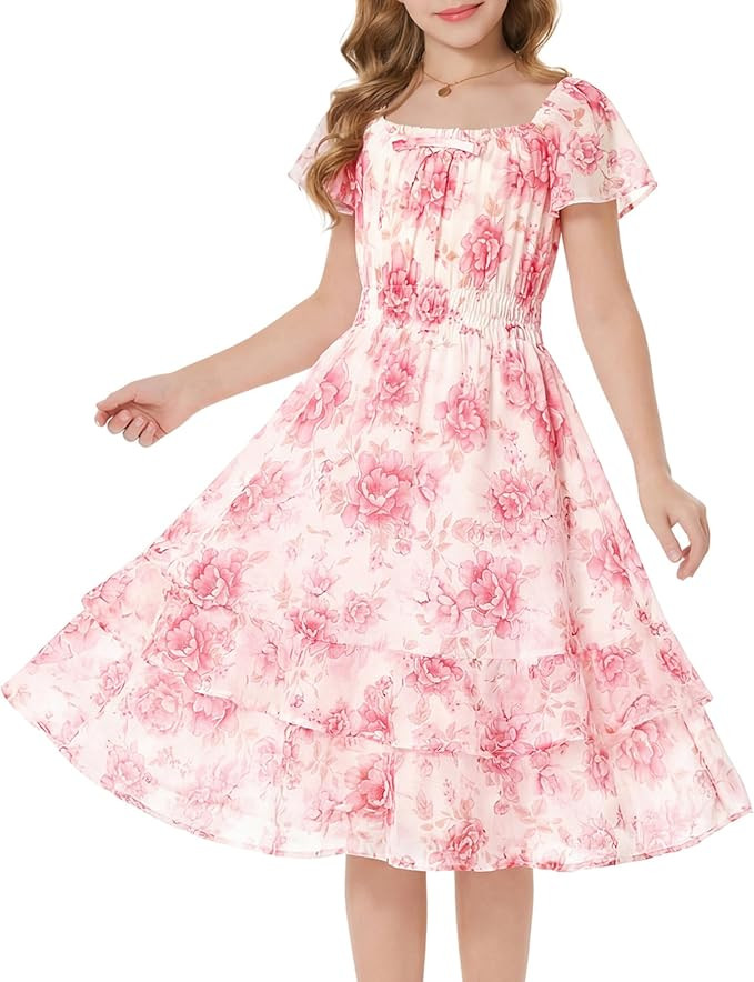 GRACE KARIN Girls Floral Summer Dress Flutter Sleeve Square Neck Midi Casual Dress for Girl 6-14Y | Amazon (US)