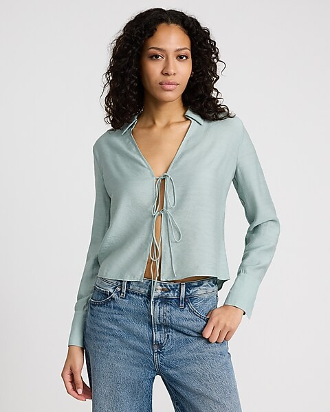 Textured Slub Tie Front Long Sleeve Top | Express