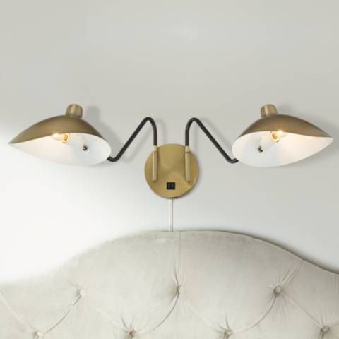 Colborne Brass and Black Twin Arm Plug-In Wall Lamp | Lamps Plus