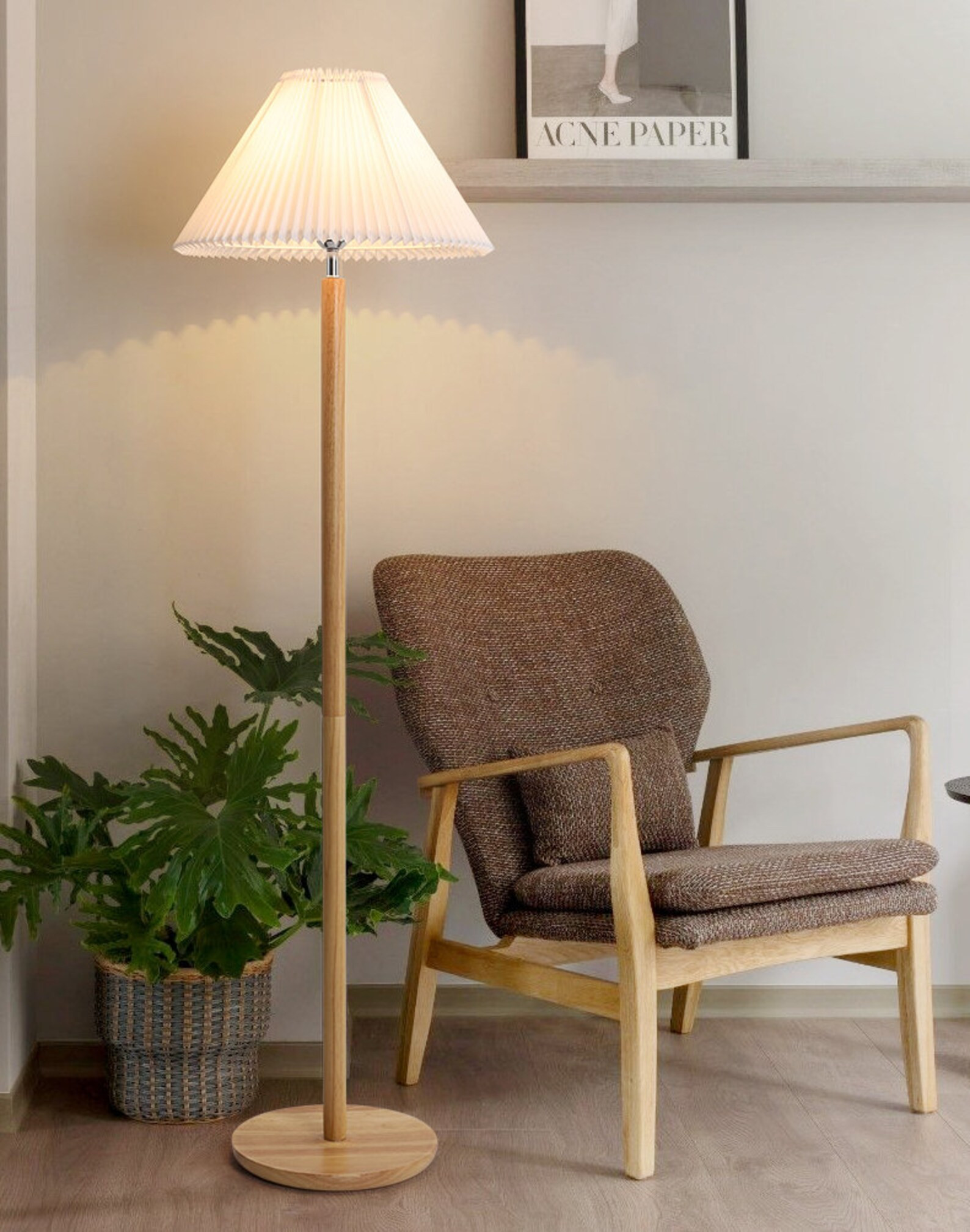 POLE FLOOR LAMP - Retro Minimalist Style Fabric Pleated Lampadaire Walnut Wood Indoor Decor Bedsi... | Etsy (US)