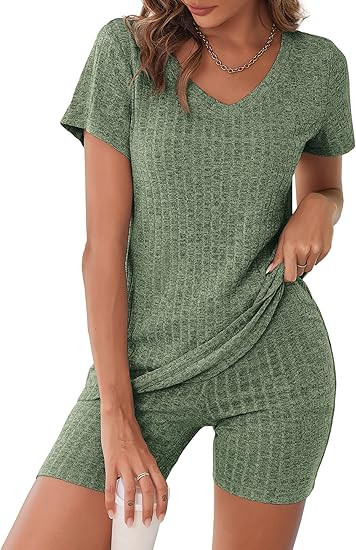 Ekouaer Biker Short Sets Women 2 Piece Outfits Ribbed Pajama Short Sleeve Workout Set | Amazon (US)