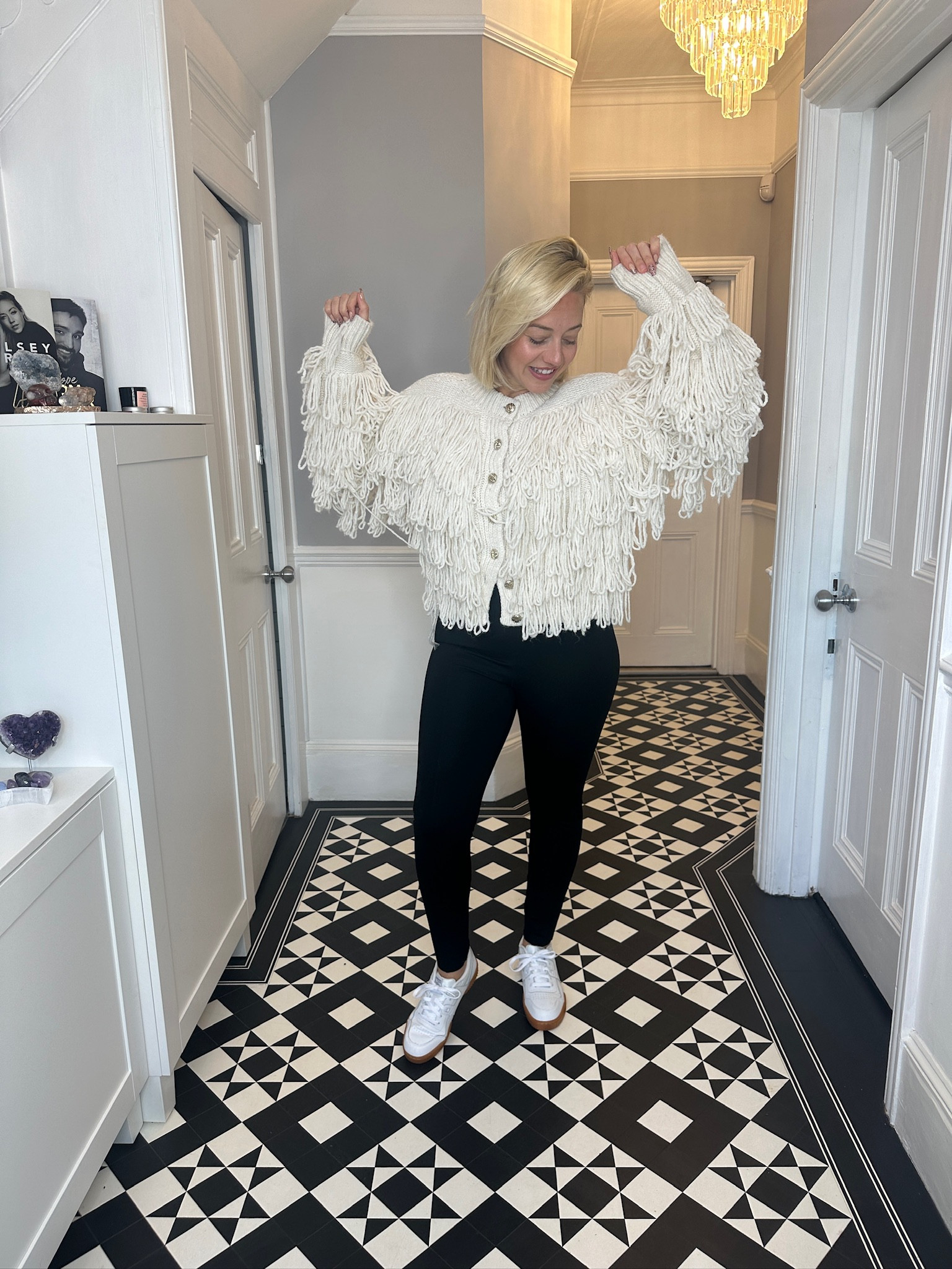 Fringed cardigan, cosy outfit, winter outfit, smart casual, black leggings, white Reebok trainers, neutral outfit, outfit inspo, comfy outfit, neutrals 

#LTKeurope #LTKstyletip #LTKSeasonal