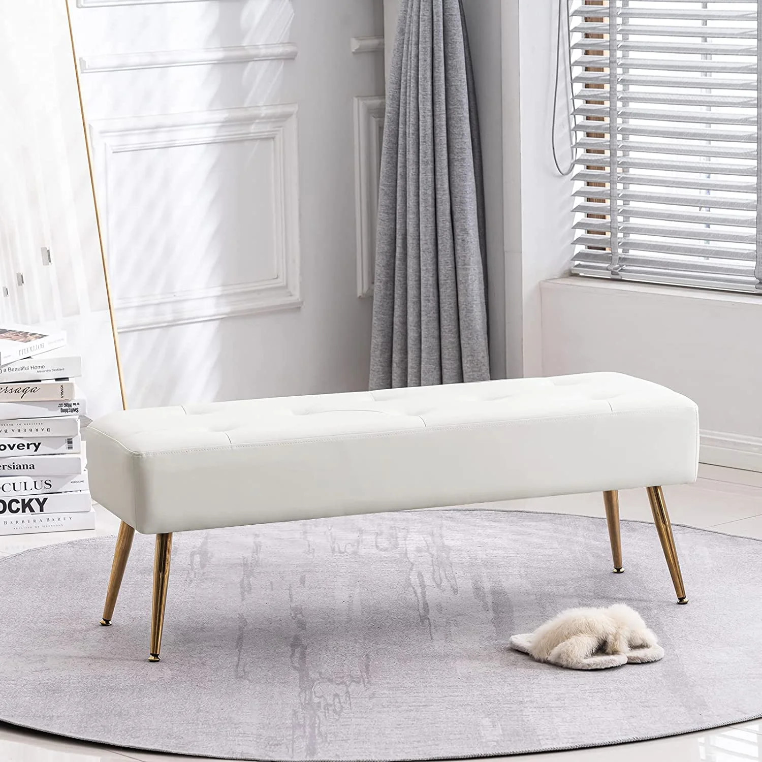 Upholstered Tufted Bench Entryway Ottoman Footrest Living Room Foot Stool PU,Ivory white - Walmar... | Walmart (US)