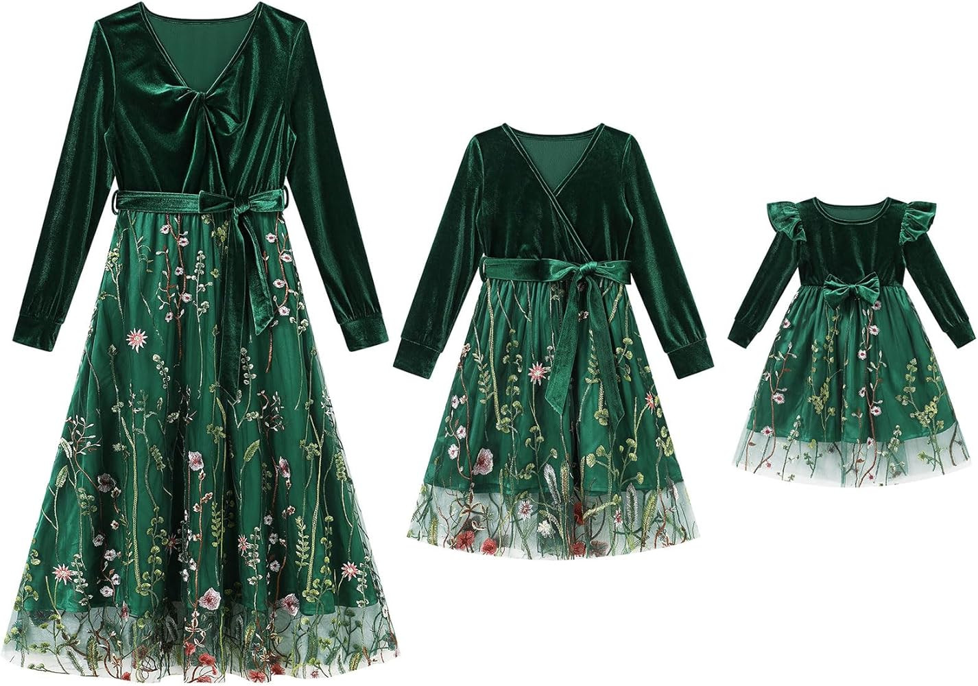 AWIBMK Mommy and Me Christmas Long Sleeve Floral Embroidered Tulle Velvet Dress with Belt Fall Wi... | Amazon (US)