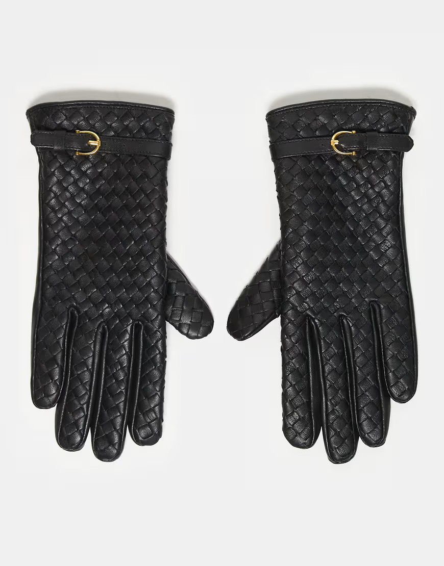 ASOS DESIGN leather weave gloves with belted detail in black | ASOS (Global)