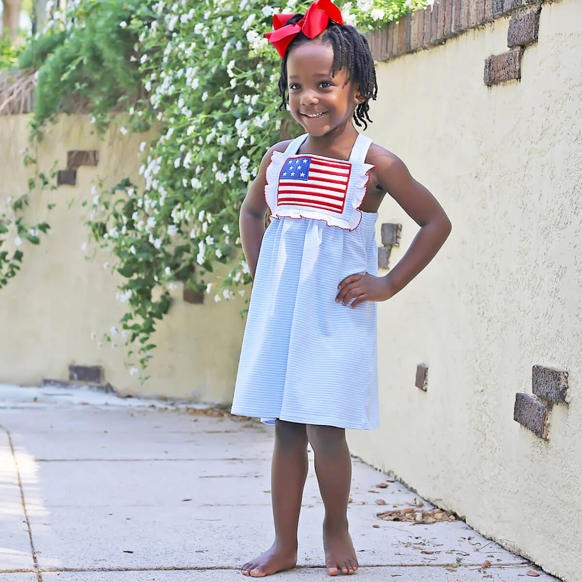 Flag Applique Light Blue Stripe Mia Dress | Classic Whimsy