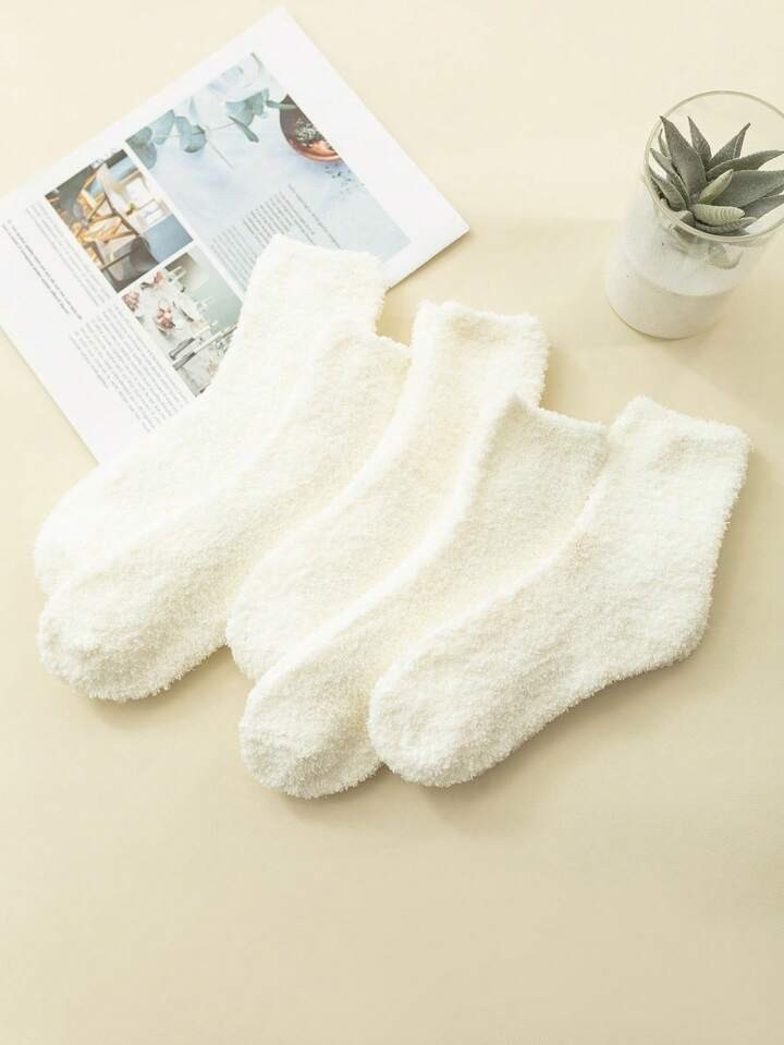5 Pairs White Coral Velvet Socks For Women, Thickened Postpartum Maternity Long Fluffy Socks | SHEIN