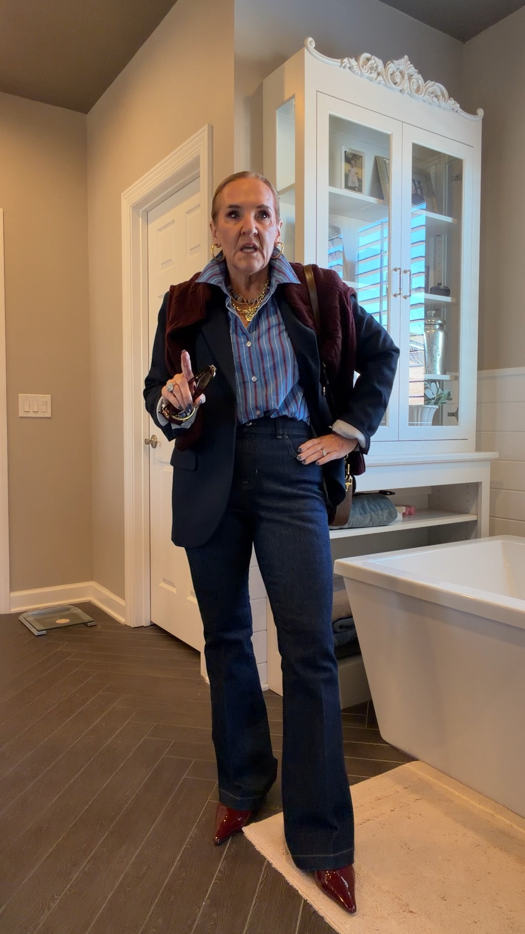 Jeans size petite medium size up if in between
Blouse size medium it is over sized
Jacket size 10 petite I love this navy blazer
Cashmere sweater I did size up to a large in this one
Slingbacks, I size up a half size to accommodate my toes
Jewelry code NANETTE20 20% off 


#LTKOver40 #LTKootd #LTKWorkwear