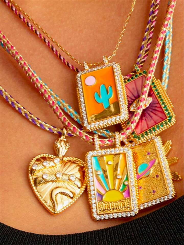 Pink Green Gradient Punk Tarot Sun Eye Tree Planet Pendant Necklace For Girl Enamel Square Neckla... | SHEIN