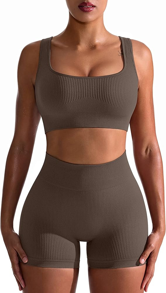 OQQ Workout Outfits for Women 2 Piece Seamless Ribbed High Waist Leggings with Sports Bra Exercis... | Amazon (US)