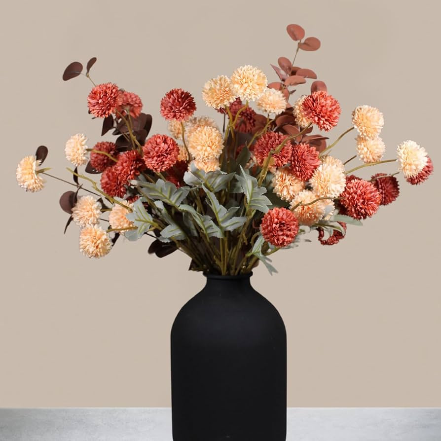 RyddeligHome Burnt Orange Faux Kiku Flower 10 Stems + 18 Brown Eucalyptus Stems, Assorted Artificial Silk Mums Fall Flowers Autumn, Mini Fake Chrysanthemum Flowers, Faux Stems Artificial | Amazon (US)