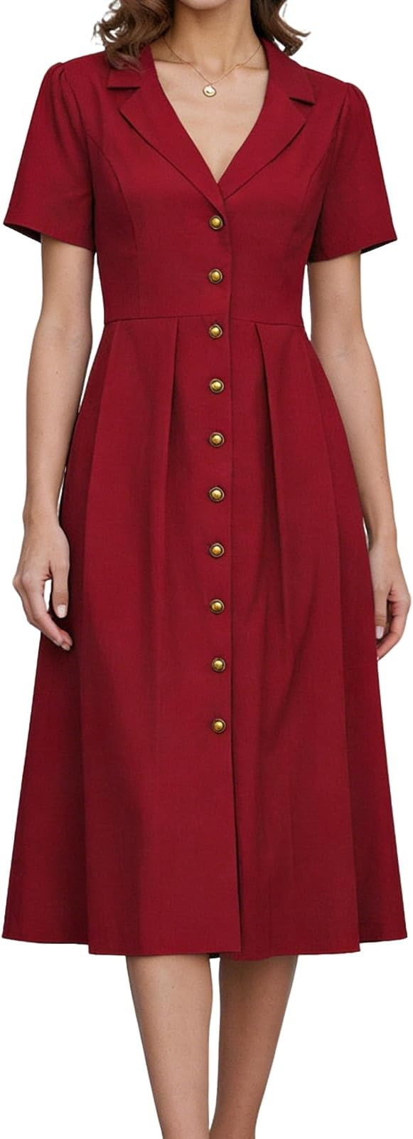 RIHOAS Casual Shirt Dress for Women - Spring Summer Short Sleeve Button Down/Up Pleated V Neck Ma... | Amazon (US)