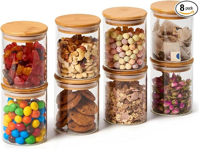 EZOWare Set of 8 Glass Food Jars with Airtight Natural Bamboo Lids, 450ml/15.2oz Kitchen Clear Ca... | Amazon (US)