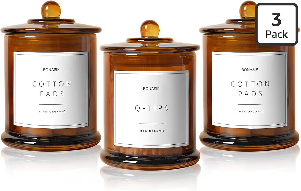 3 Pack Qtip Holder Dispenser, 16oz Bathroom Organizer and Storage Canisters, Glass Apothecary Jar... | Amazon (US)