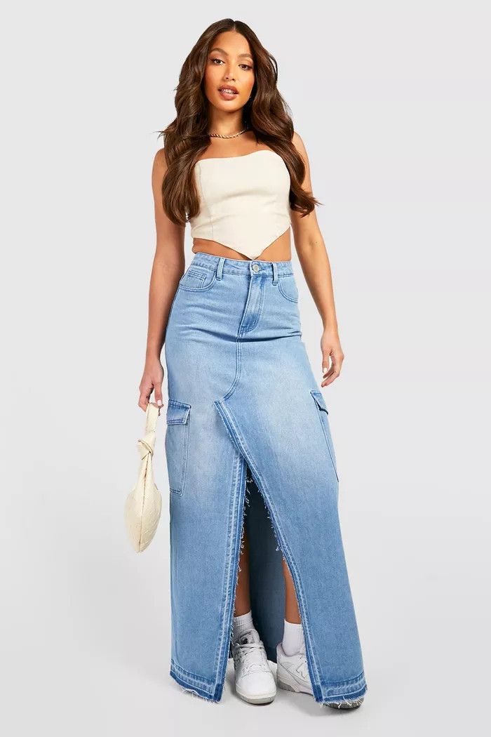 Tall Cargo Split Front Frayed Denim Maxi Skirt | Boohoo.com (US & CA)