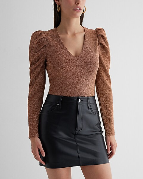 Shine V-neck Puff Sleeve Bodysuit | Express