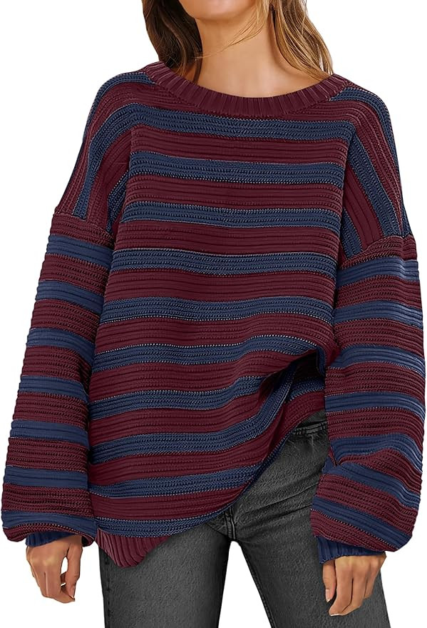 Caracilia Women's Oversized Striped Sweaters Long Sleeve Crewneck Chunky Knit Color Block 2024 Tr... | Amazon (US)