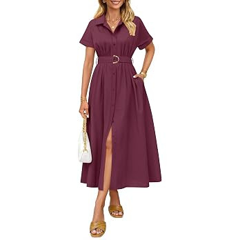 ZESICA Women's Summer Button Down Short Sleeve Midi Dress | Lapel Collar, Elastic High Waist, A L... | Amazon (US)