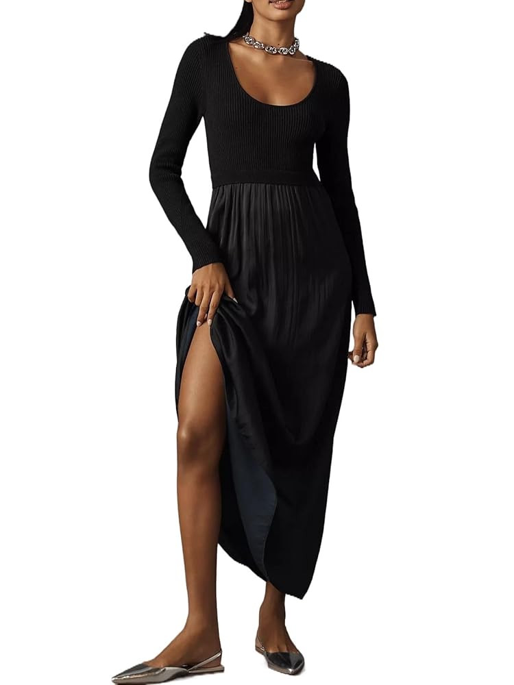 Women's Sweater Maxi Dress Long Sleeve Scoop Neck Flowy Ribbed Knit Patchwork Dress | Amazon (US)