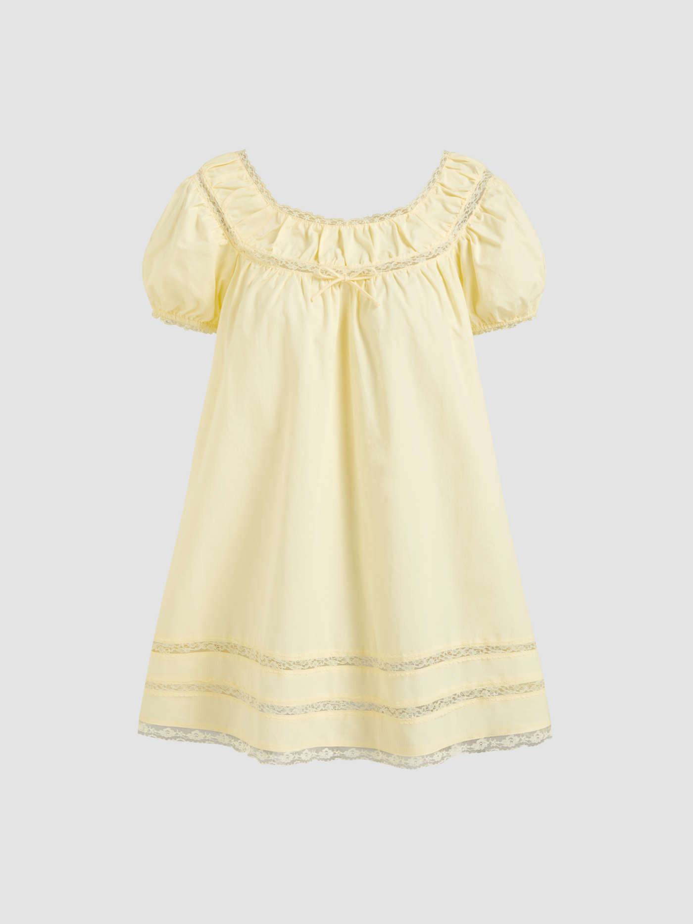 100% Cotton Lace Trim Bowknot Puff Sleeve Mini Babydoll Dress... | Cider