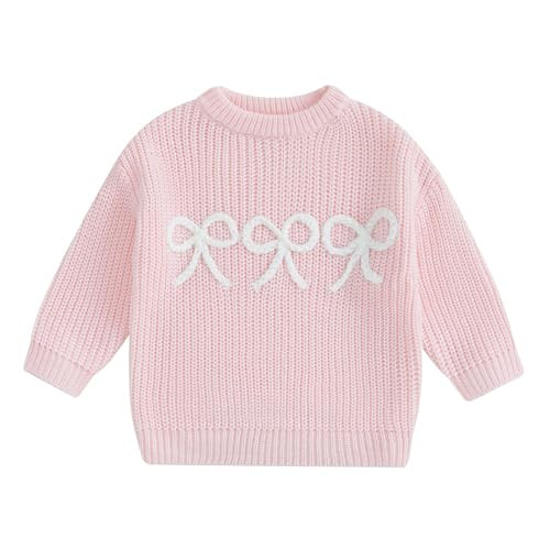JLKGICF Toddler Baby Girl Chunky Sweater Cute Bow/Strawberry Printed Sweater Pullover Crewneck Sweatshirt FAL Winter Outfit (Cute Bow Pink, 6-12 Months) | Amazon (US)