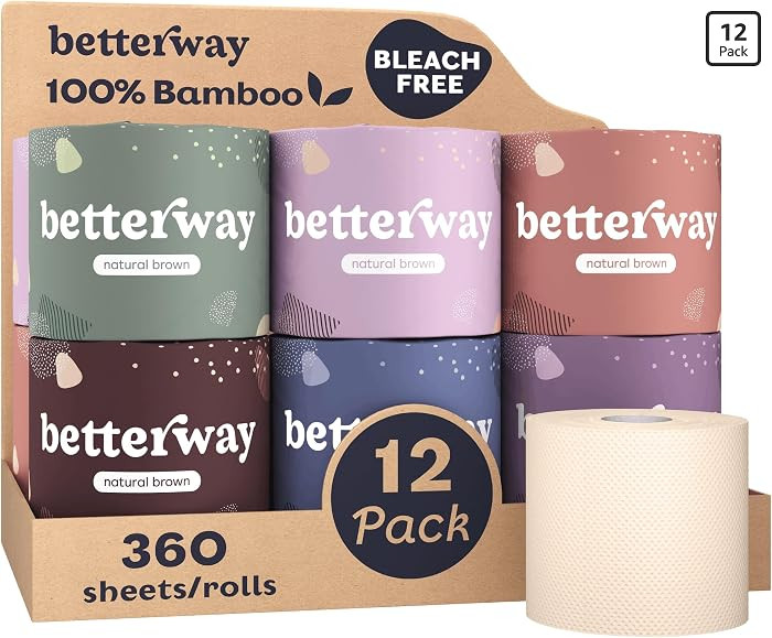 Betterway Unbleached Bamboo Toilet Paper Rolls - Eco-Friendly 3 Ply Toilet Tissue - 12 Long-Lasti... | Amazon (US)