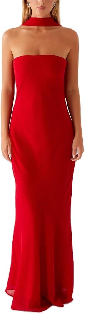 Womens Floral Strapless Dress Y2k Backless with Scarf Tube Maxi Long Dresses Sexy Mesh Bodycon Be... | Amazon (US)