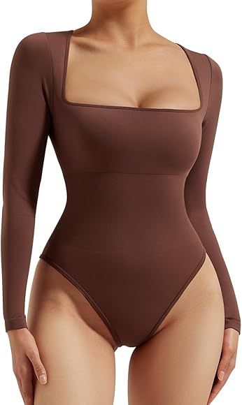 MOSHENGQI Women Sexy Square Neck Bodysuit Long Sleeve Tummy Control Body Suits Shirts | Amazon (US)