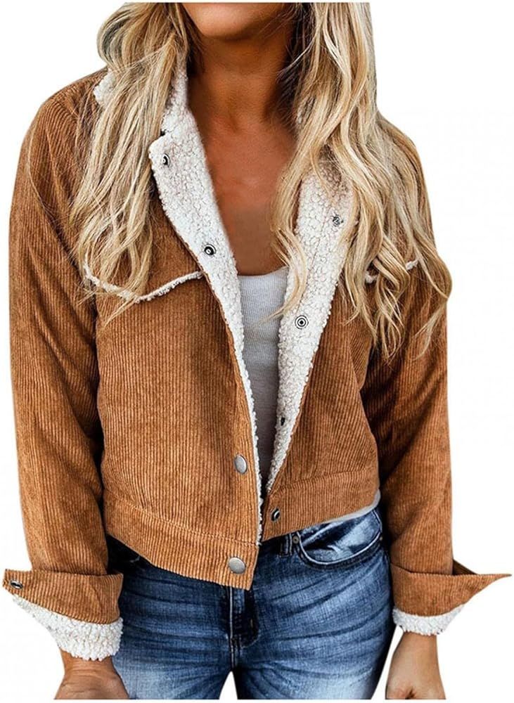 Corduroy Jacket Women Sherpa Lined Button Down Long Sleeve Casual Fashion Coats Notched Lapel Fall W | Amazon (US)