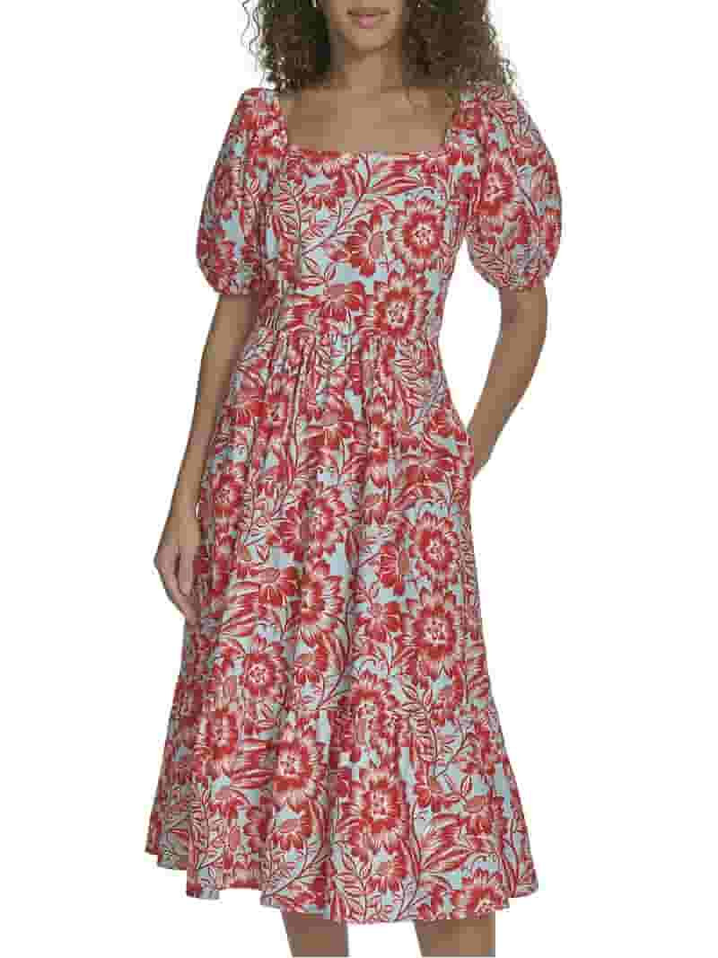 Falling Flowers Women's Cotton Square Neck Puff Sleeve Flounce Tiered Midi Dress, Sizes XS-XL - W... | Walmart (US)