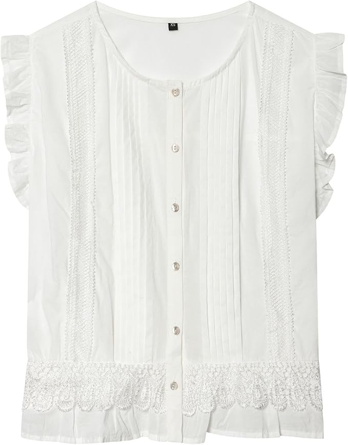 Chevara Women\u2019s Cute Ruffle Shirt Sleeveless Button Down Summer Blouses Tops Pleated Shirts | Amazon (US)