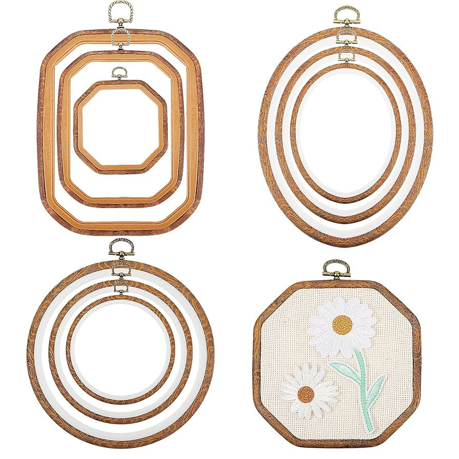 Qunclay 9 Pcs Large Embroidery Hoop Frame Decorative Imitated Wood Display Frame Circle Oval Octa... | Amazon (US)