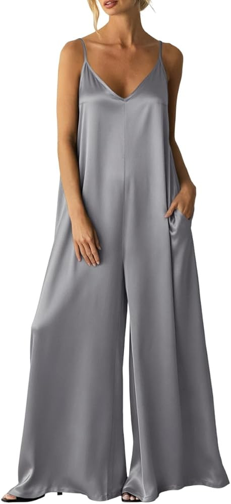 Womens Satin Wide Leg Jumpsuits Dressy Flowy Date Night Rompers Outfits | Amazon (US)