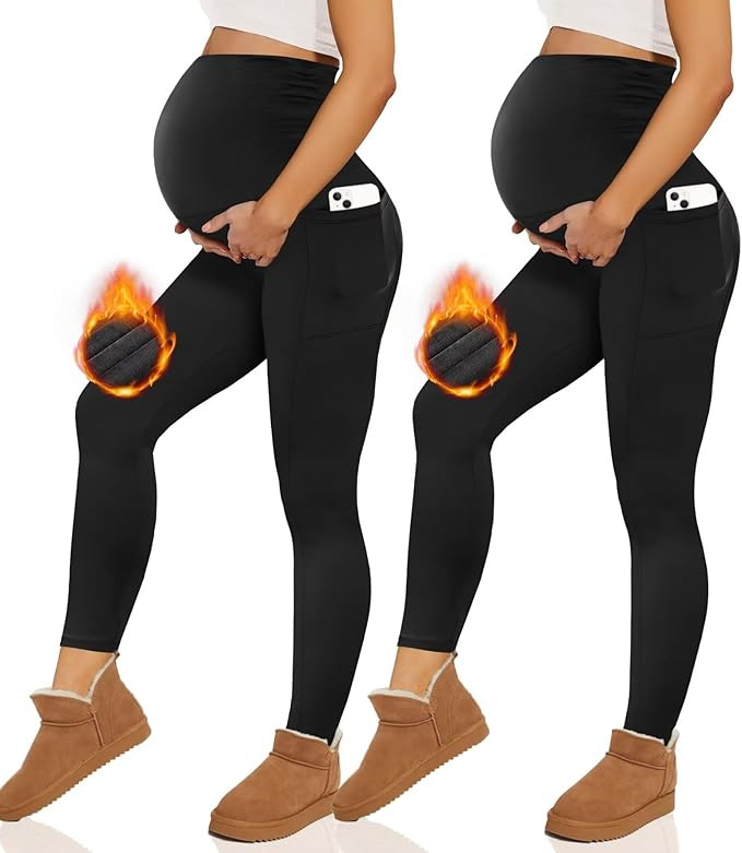 Happy.angel 2 Pack Maternity Fleece Lined Leggings Over The Belly, Womens Black Workout Yoga Preg... | Amazon (US)