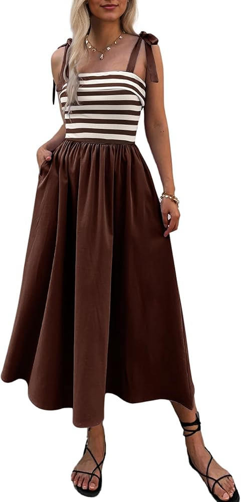 Women Summer Tie Spaghetti Strap Striped Dresses Sleeveless Stretch Flowy Maxi Sundress Beach Dre... | Amazon (US)