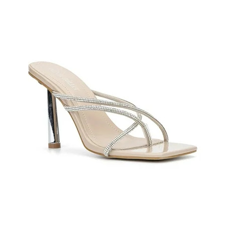 OLIVIA MILLER Womens Beige Metallic Heel Rhinestone Strappy Margot Square Toe Stiletto Slip On Dress | Walmart (US)
